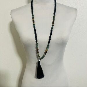 Mala Prayer Beaded Tiger Eye African Turquoise Black Beaded Tassel Necklace NWOT